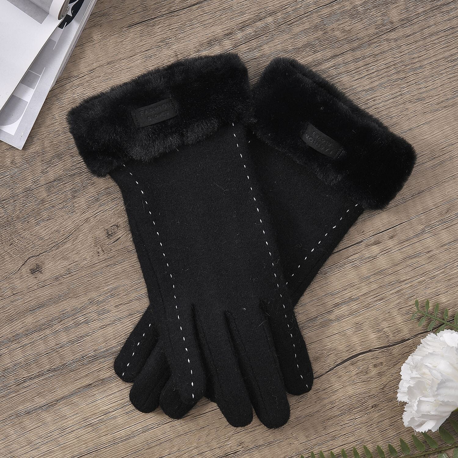Cashmere Faux Fur Touch Screen Gloves (Size 23x9 cm) - Black