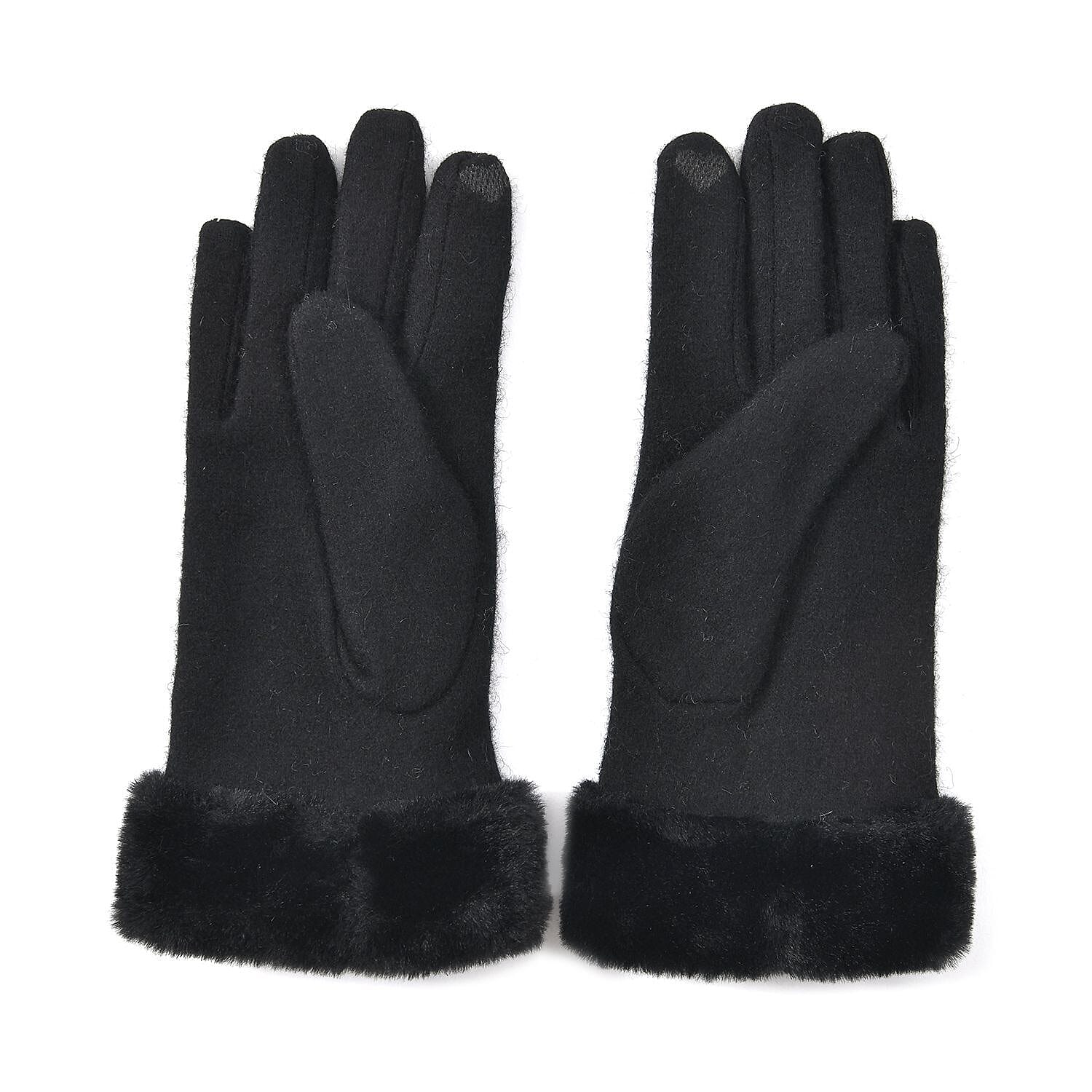 Cashmere Faux Fur Touch Screen Gloves (Size 23x9 cm) - Black