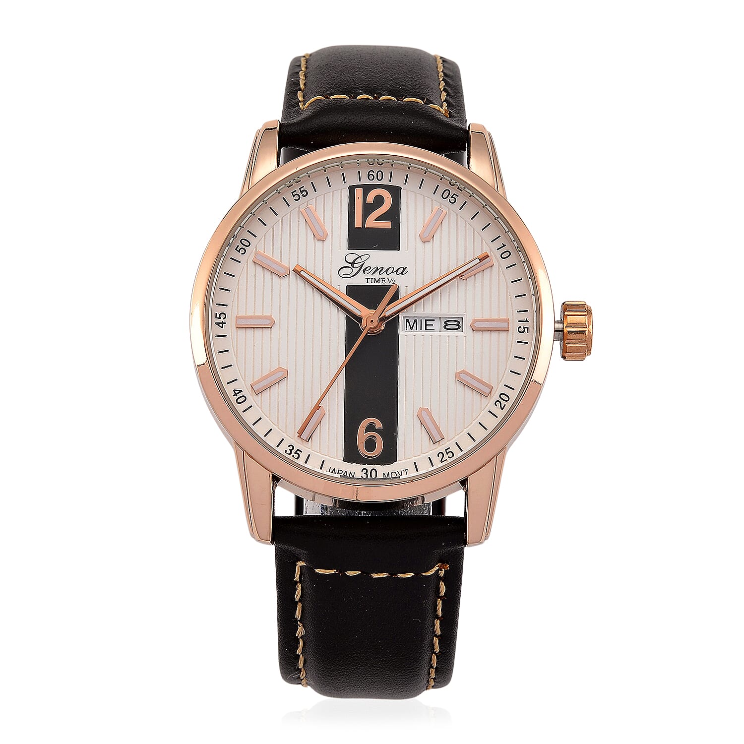 GENOA TIME V2 Double Date Quartz PC33 3ATM WR White Hydraulic Dial & Rose Gold Case Mens Watch with Coffee Leather Strap