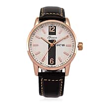 GENOA TIME V2 Double Date Quartz PC33 3ATM WR White Hydraulic Dial & Rose Gold Case Mens Watch with Coffee Leather Strap