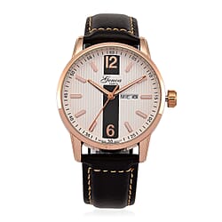GENOA TIME V2 Double Date Quartz PC33 3ATM WR Black Hydraulic Dial & Rose Gold Case Mens Watch with Black Leather Strap