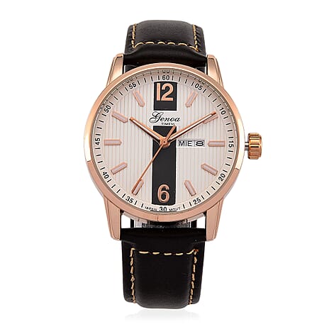 GENOA TIME V2 Double Date Quartz PC33 3ATM WR White Hydraulic Dial & Rose Gold Case Mens Watch with Coffee Leather Strap