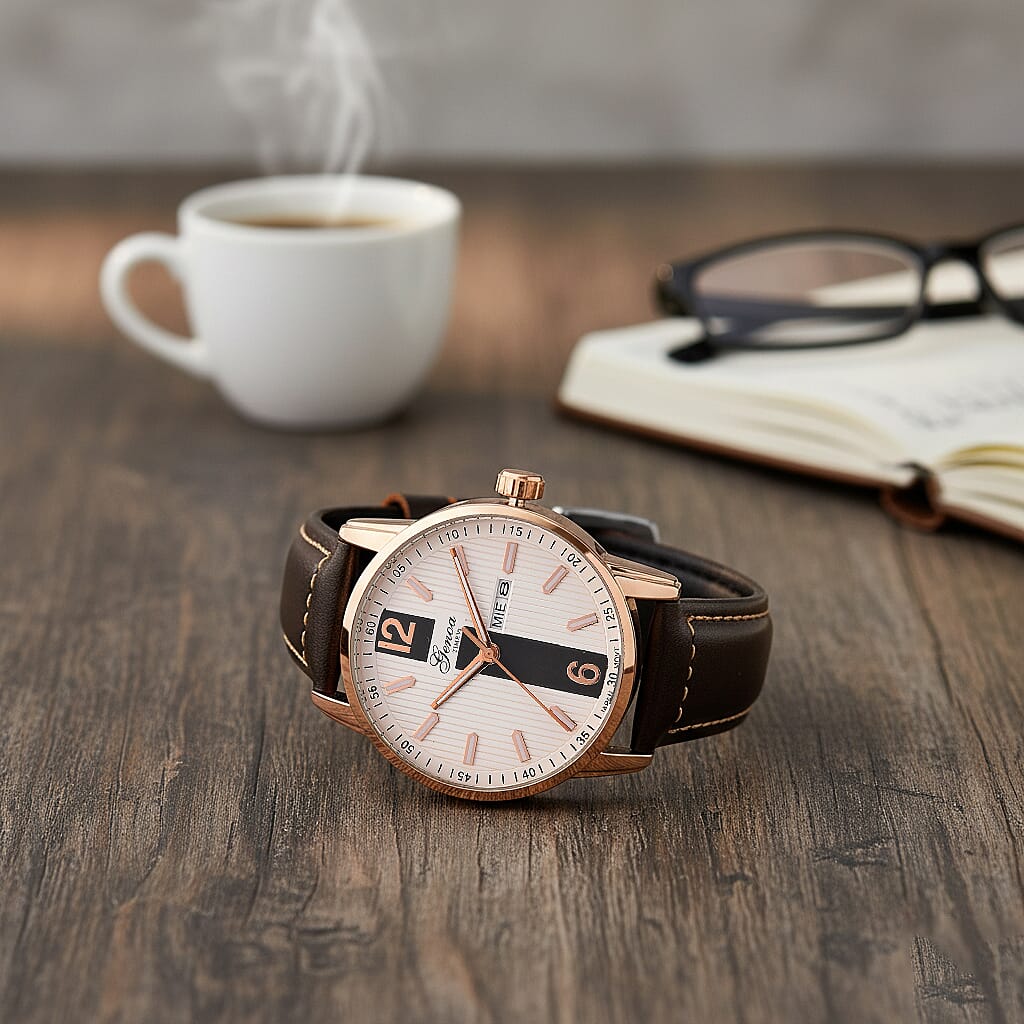 GENOA TIME V2 Double Date Quartz PC33 3ATM WR White Hydraulic Dial & Rose Gold Case Mens Watch with Coffee Leather Strap