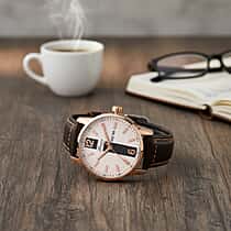 GENOA TIME V2 Double Date Quartz PC33 3ATM WR White Hydraulic Dial & Rose Gold Case Mens Watch with Coffee Leather Strap