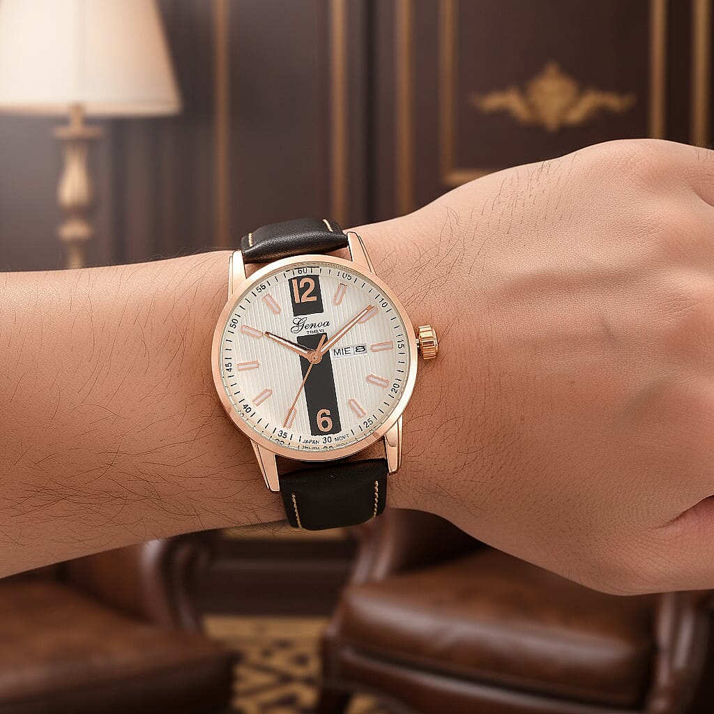 GENOA TIME V2 Double Date Quartz PC33 3ATM WR White Hydraulic Dial & Rose Gold Case Mens Watch with Coffee Leather Strap