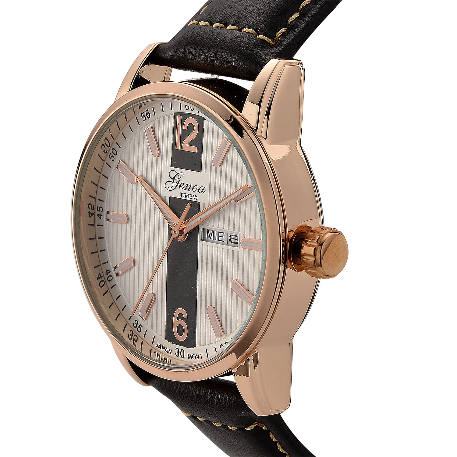GENOA TIME V2 Double Date Quartz PC33 3ATM WR White Hydraulic Dial & Rose Gold Case Mens Watch with Coffee Leather Strap