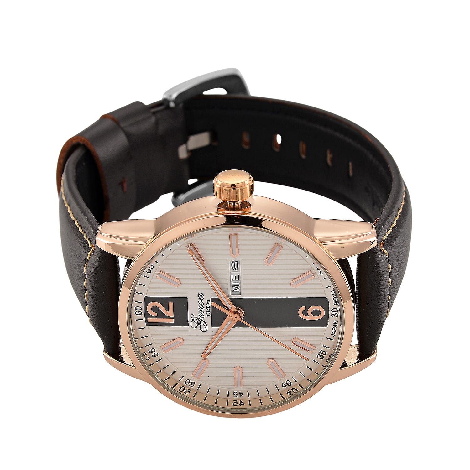 GENOA TIME V2 Double Date Quartz PC33 3ATM WR White Hydraulic Dial & Rose Gold Case Mens Watch with Coffee Leather Strap