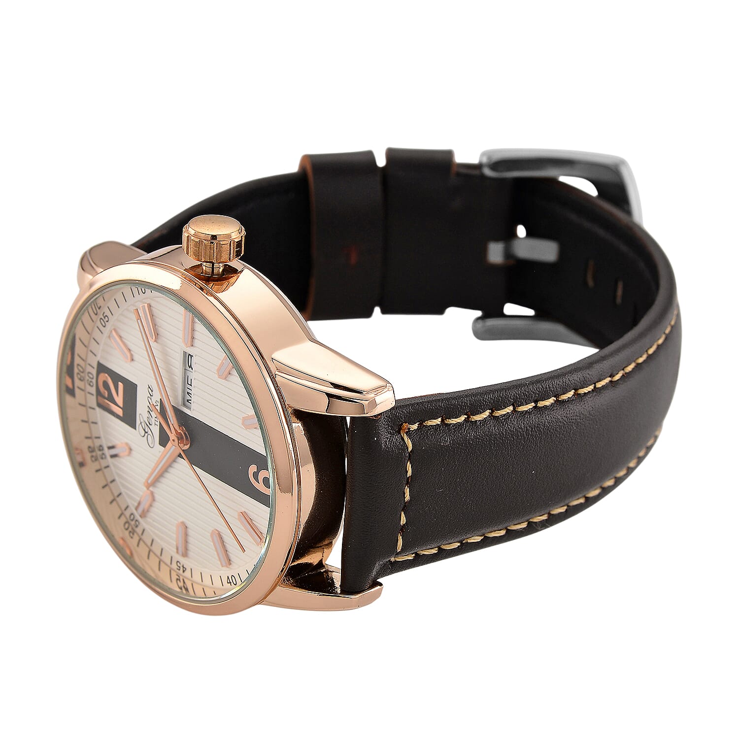 GENOA TIME V2 Double Date Quartz PC33 3ATM WR White Hydraulic Dial & Rose Gold Case Mens Watch with Coffee Leather Strap