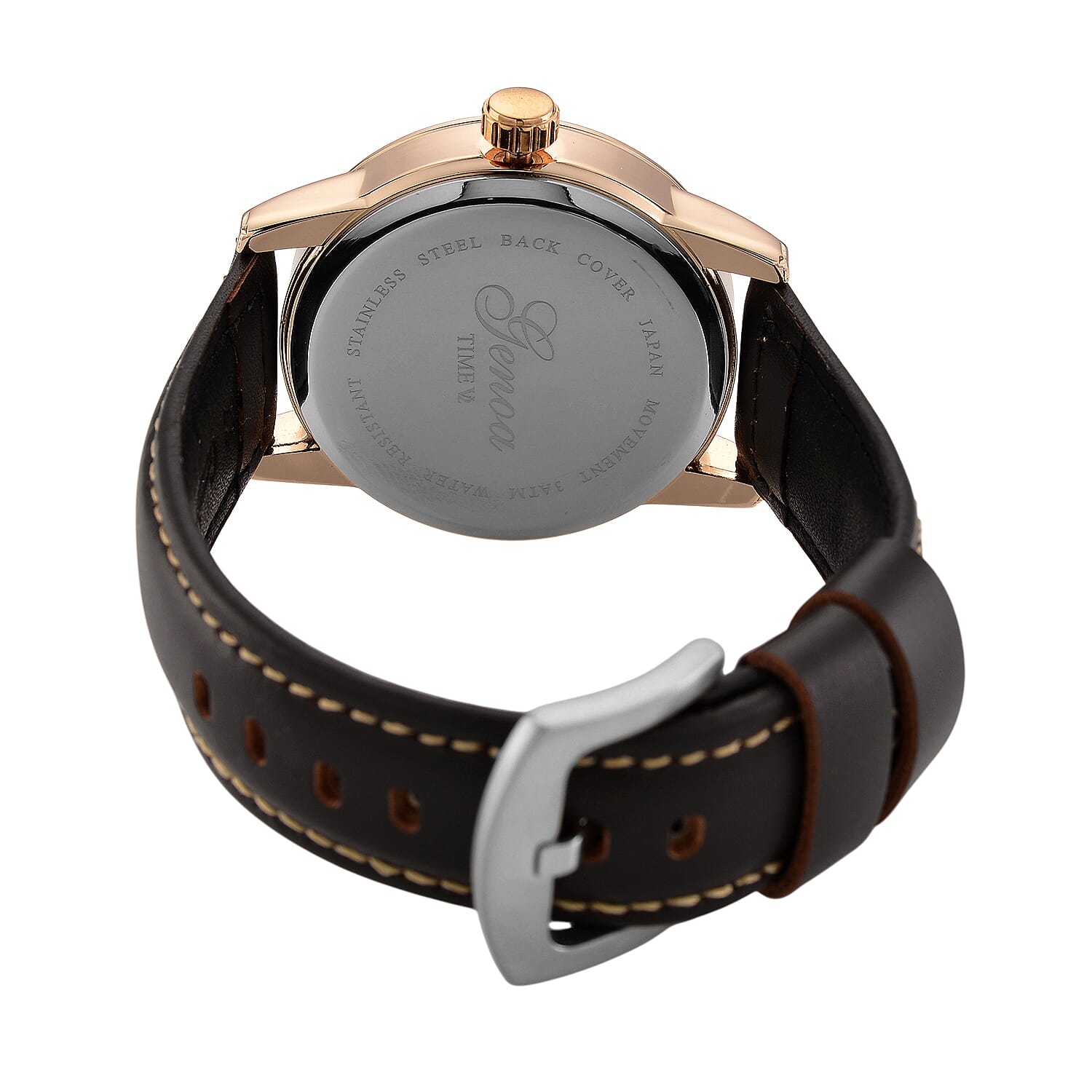 GENOA TIME V2 Double Date Quartz PC33 3ATM WR White Hydraulic Dial & Rose Gold Case Mens Watch with Coffee Leather Strap