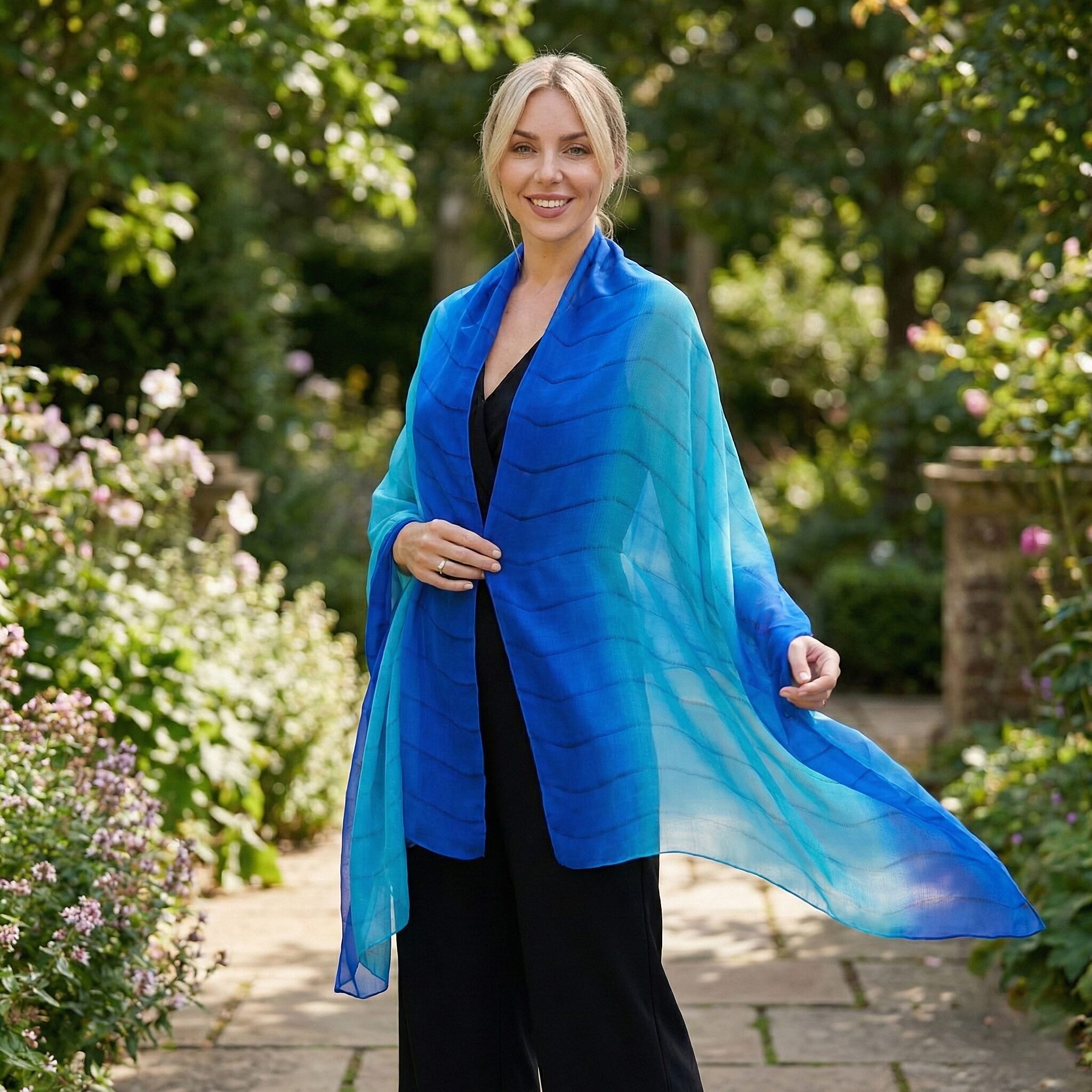 La Marey 100% Mulberry Silk Blue Ombre Scarf (106 x 195cm)