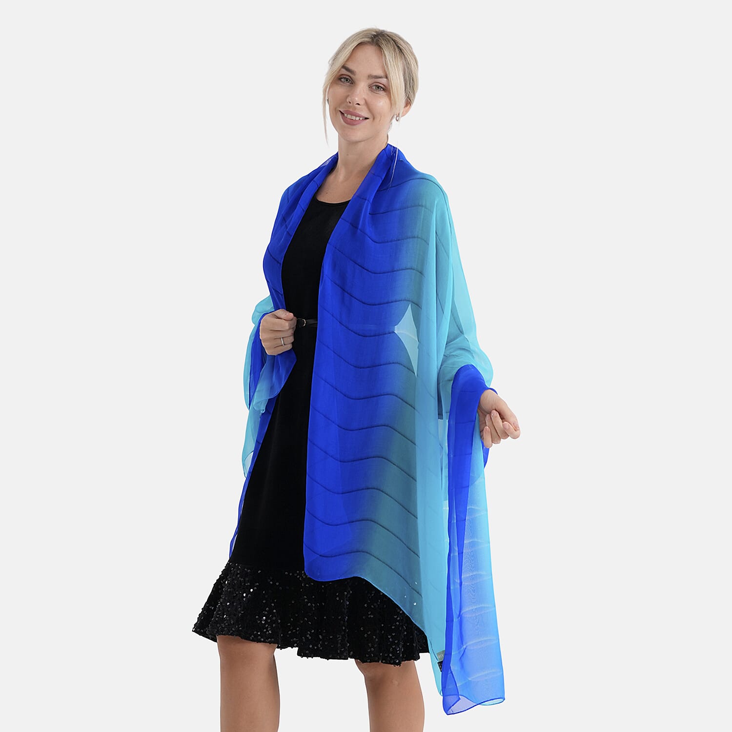 La Marey 100% Mulberry Silk Blue Ombre Scarf (106 x 195cm)