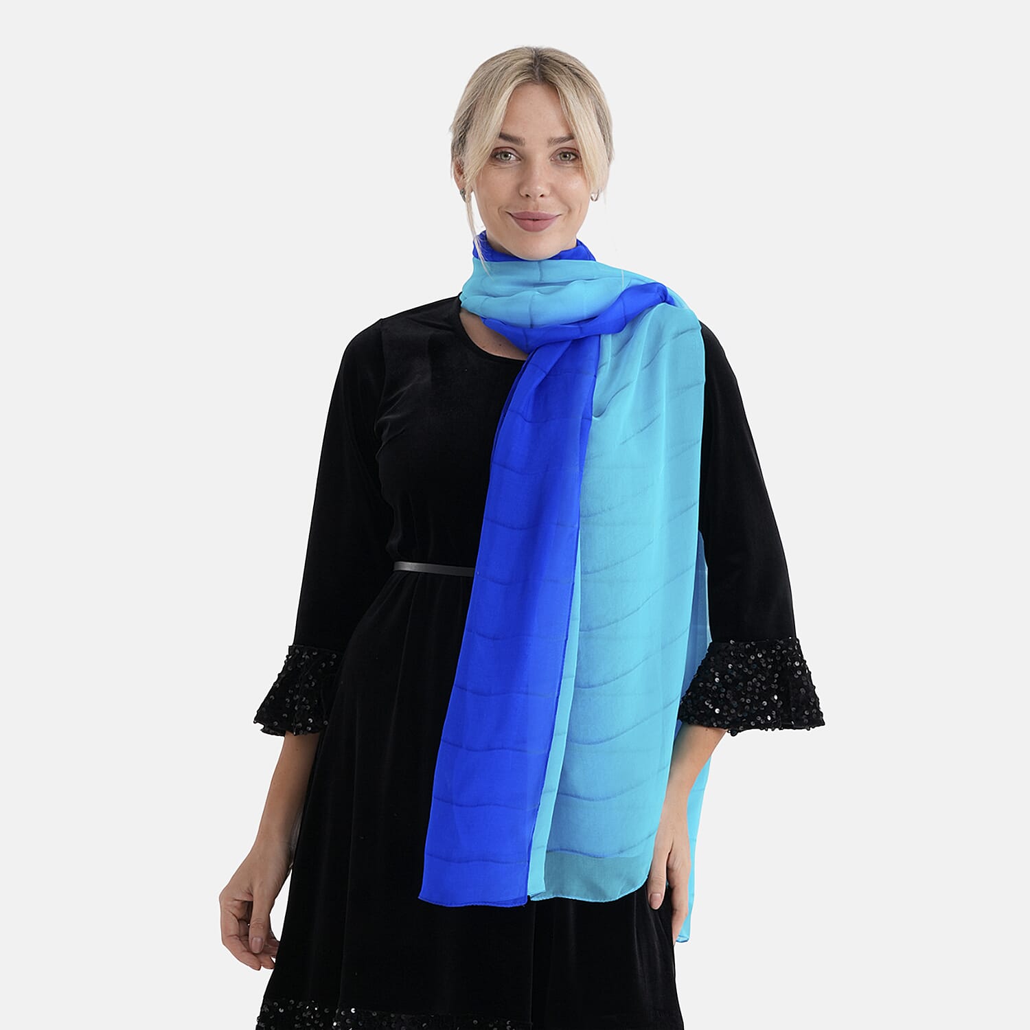La Marey 100% Mulberry Silk Blue Ombre Scarf (106 x 195cm)