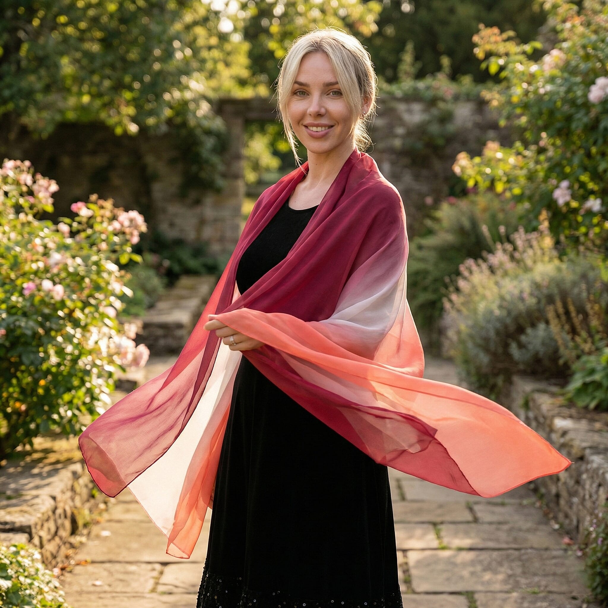 La Marey 100% Mulberry Silk Red Ombre Scarf (106 x 195cm)