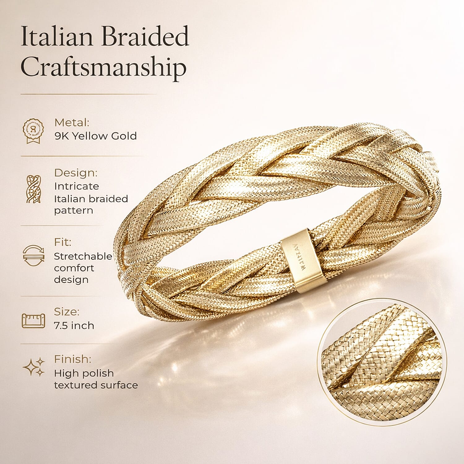 Maestro Collection - 9K Yellow Gold Stretchable Italian Braided Bangle (Size - 7.5)