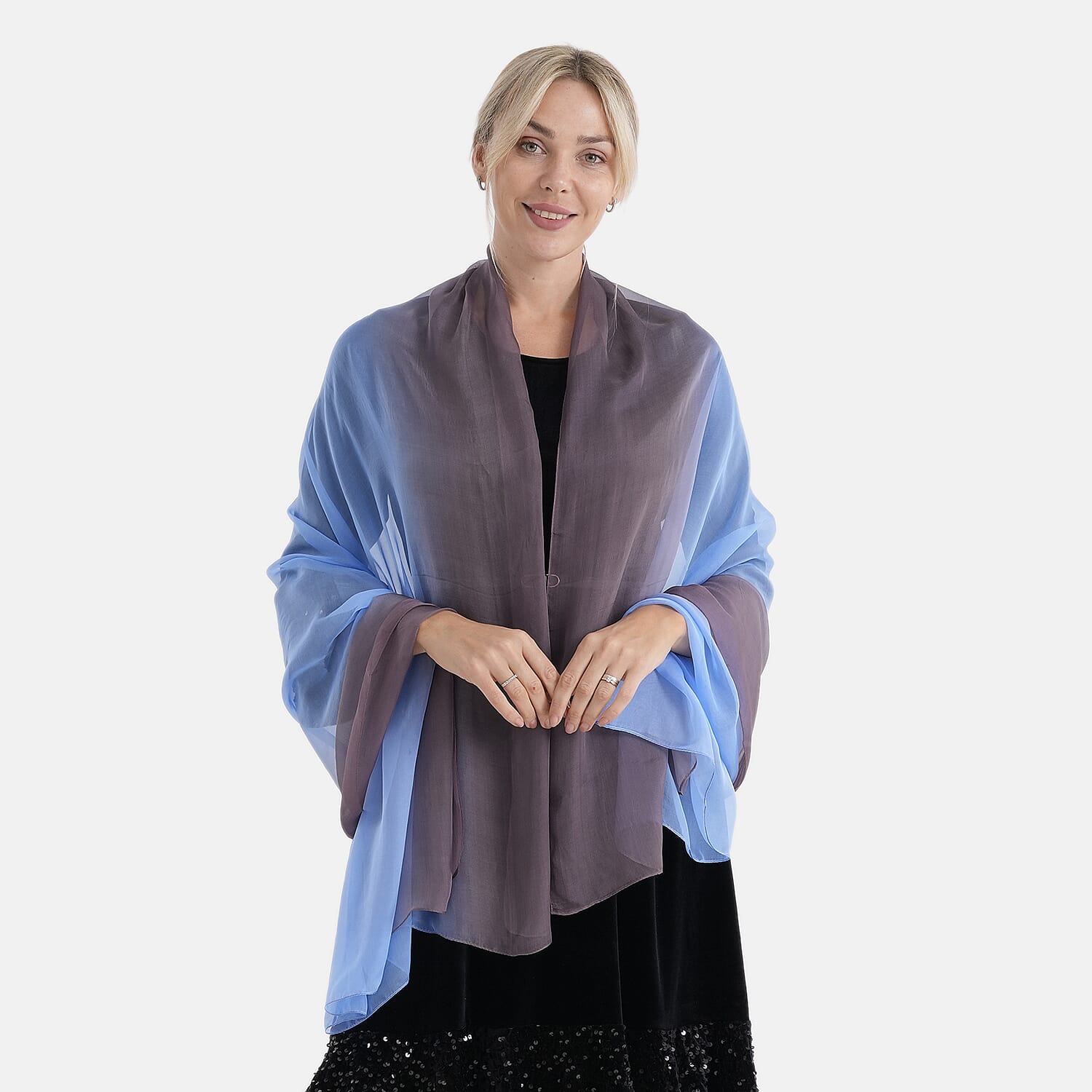 La Marey 100% Mulberry Silk Scarf (177 x 110 cm) - Light Blue & Coffee