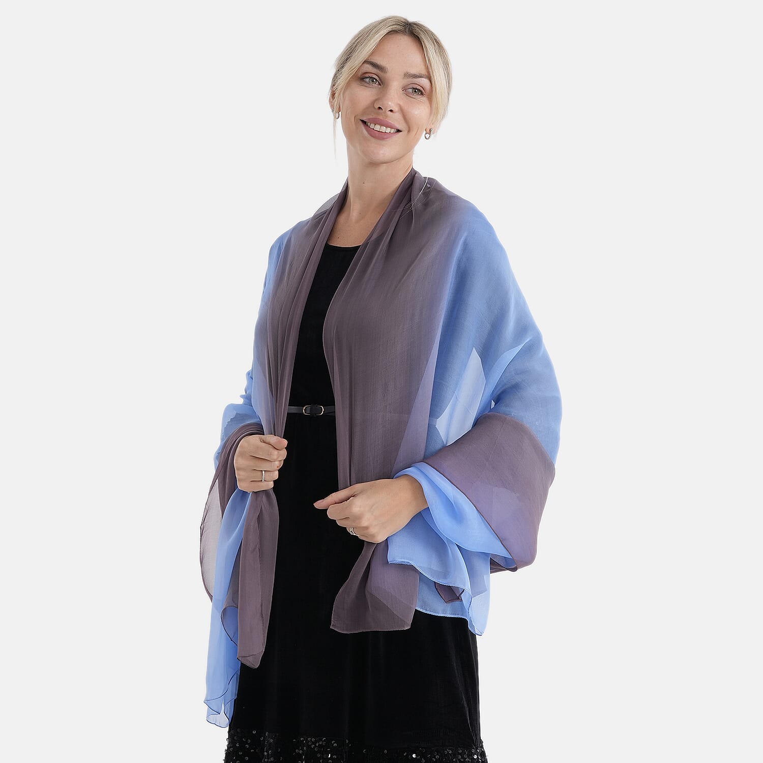 La Marey 100% Mulberry Silk Scarf (177 x 110 cm) - Light Blue & Coffee