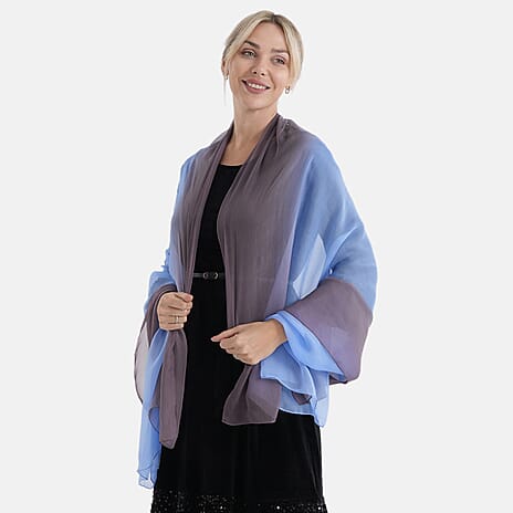 La Marey 100% Mulberry Silk Scarf (177 x 110 cm) - Light Blue & Coffee