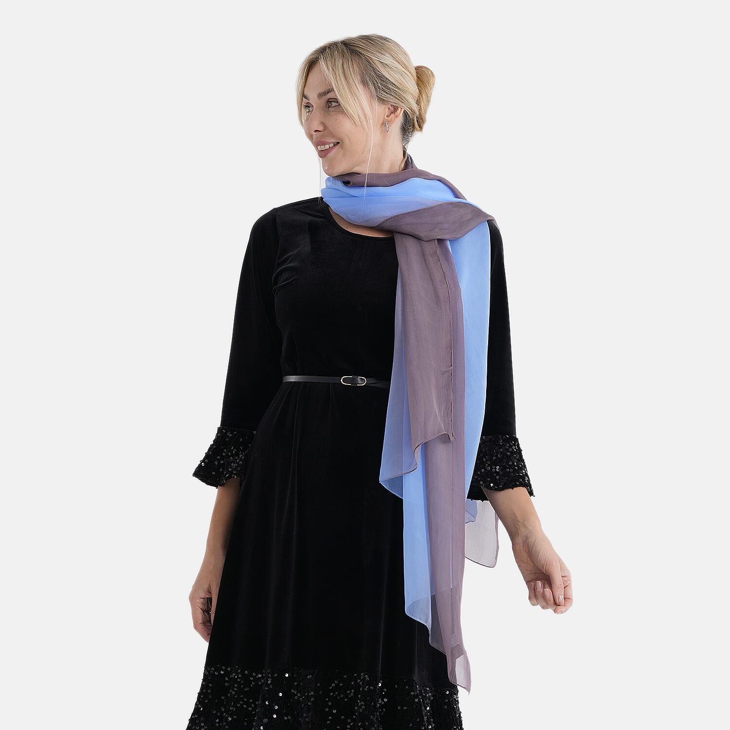 La Marey 100% Mulberry Silk Scarf (177 x 110 cm) - Light Blue & Coffee