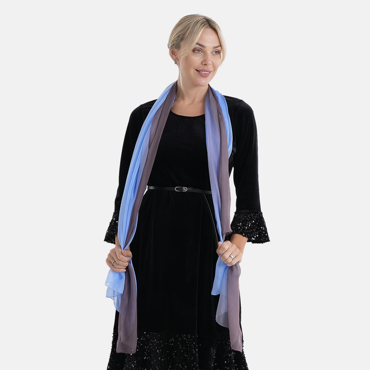 La Marey 100% Mulberry Silk Scarf (177 x 110 cm) - Light Blue & Coffee