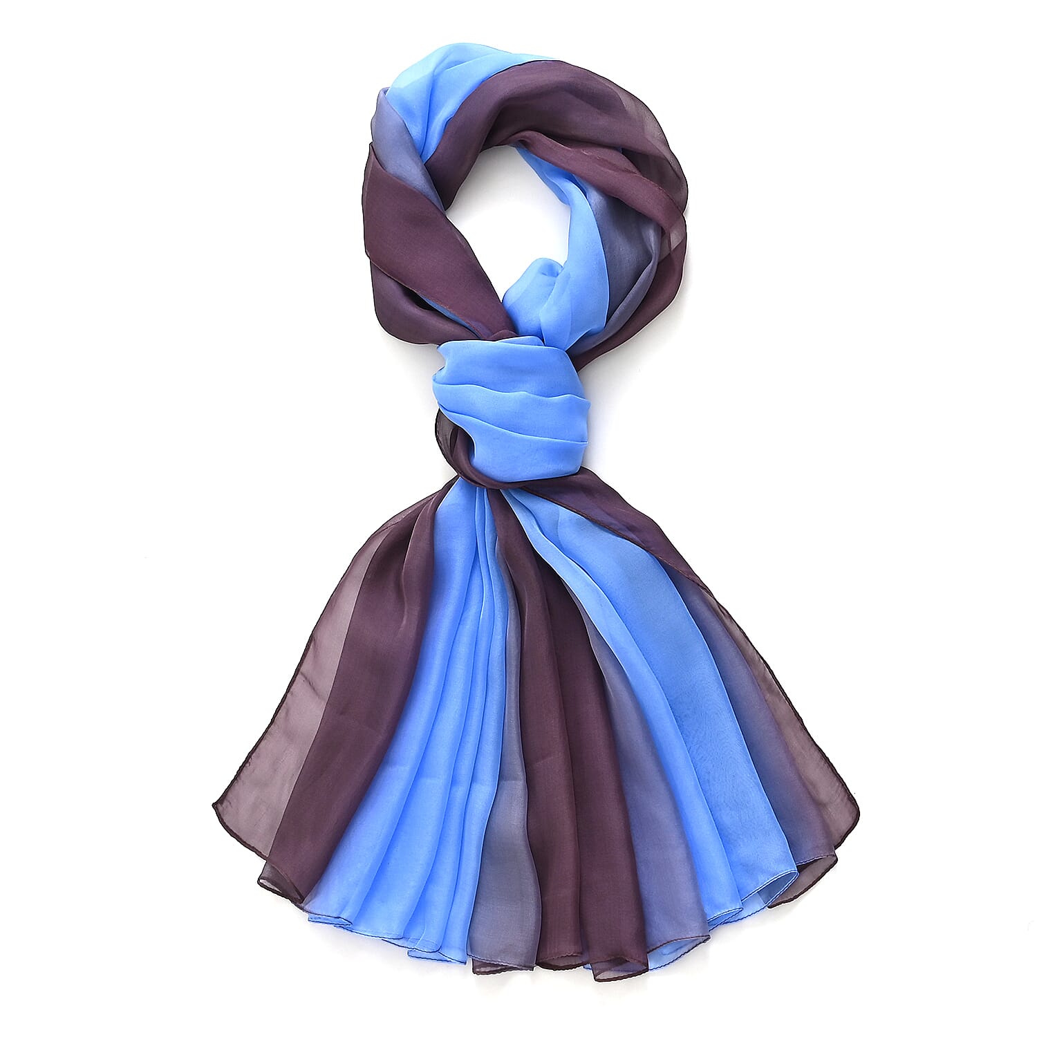 La Marey 100% Mulberry Silk Scarf (177 x 110 cm) - Light Blue & Coffee