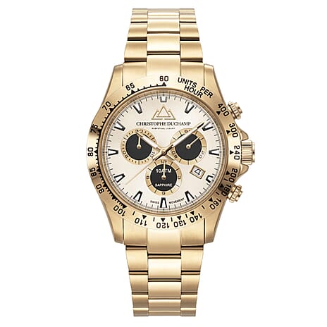 CHRISTOPHE DUCHAMP Swiss Quartz Movement White Dial Mens Watch with Gold Colour Stainless Steel Chain Strap