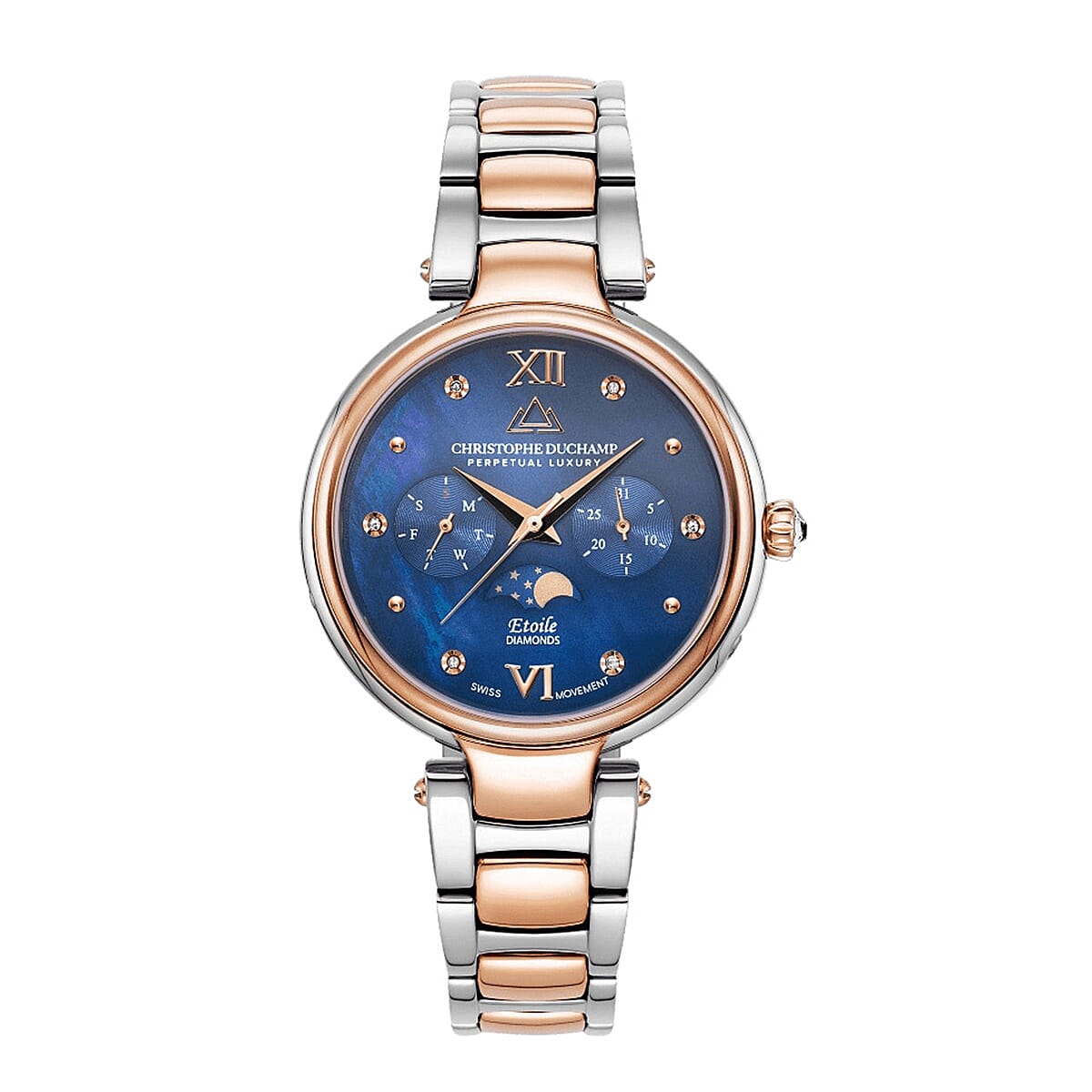 THE DEFINITION OF ELEGANCE - Christophe Duchamp Swiss Ladies Watch with mother of pearl and 6 diamond  in Stainless Steel - Blue Gold