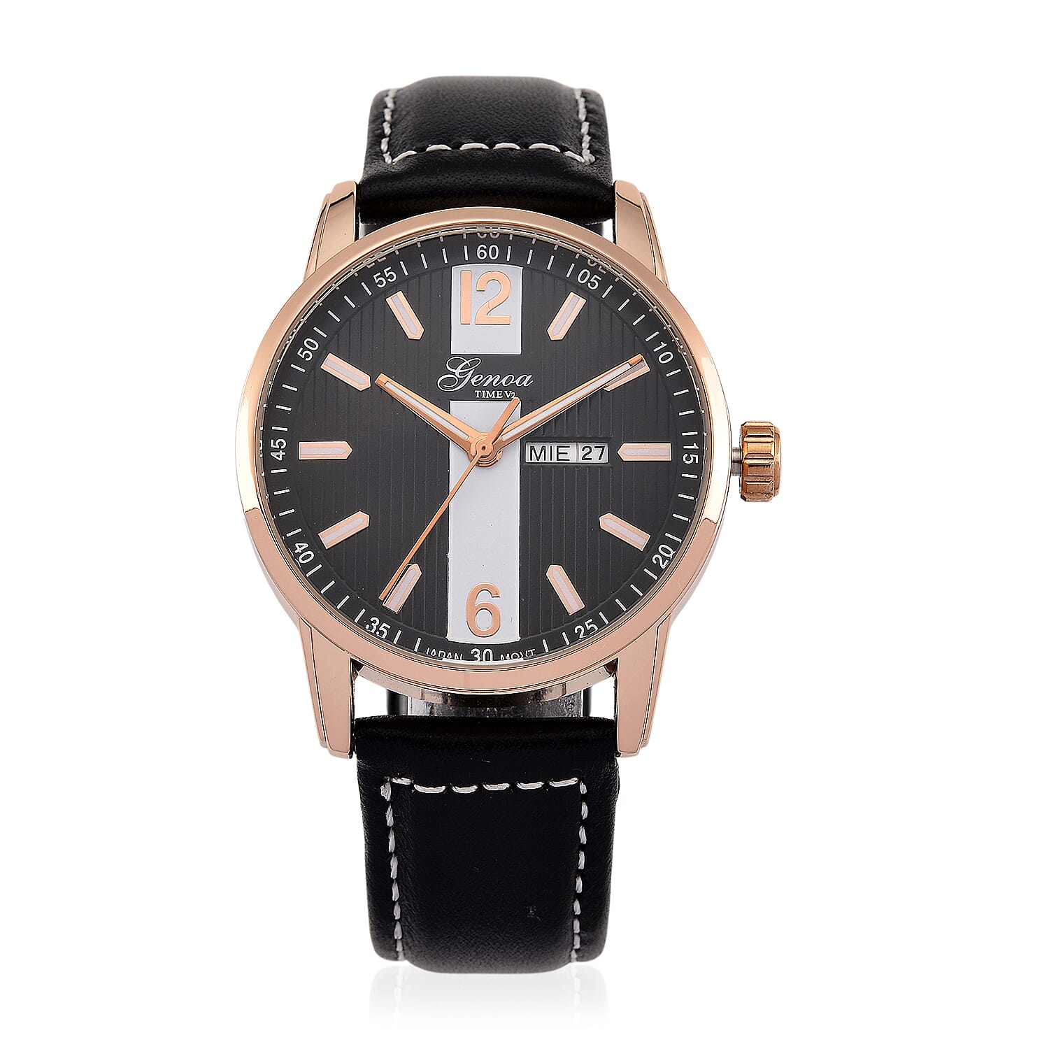 GENOA TIME V2 Double Date Quartz PC33 3ATM WR Black Hydraulic Dial & Rose Gold Case Mens Watch with Black Leather Strap