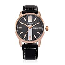 DOD- GENOA TIME V2 Double Date Quartz PC33 3ATM WR Black Hydraulic Dial & Rose Gold Case Mens Watch with Black Leather Strap
