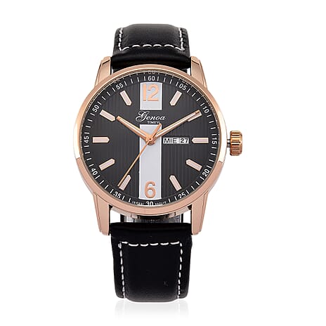 GENOA TIME V2 Double Date Quartz PC33 3ATM WR Black Hydraulic Dial & Rose Gold Case Mens Watch with Black Leather Strap