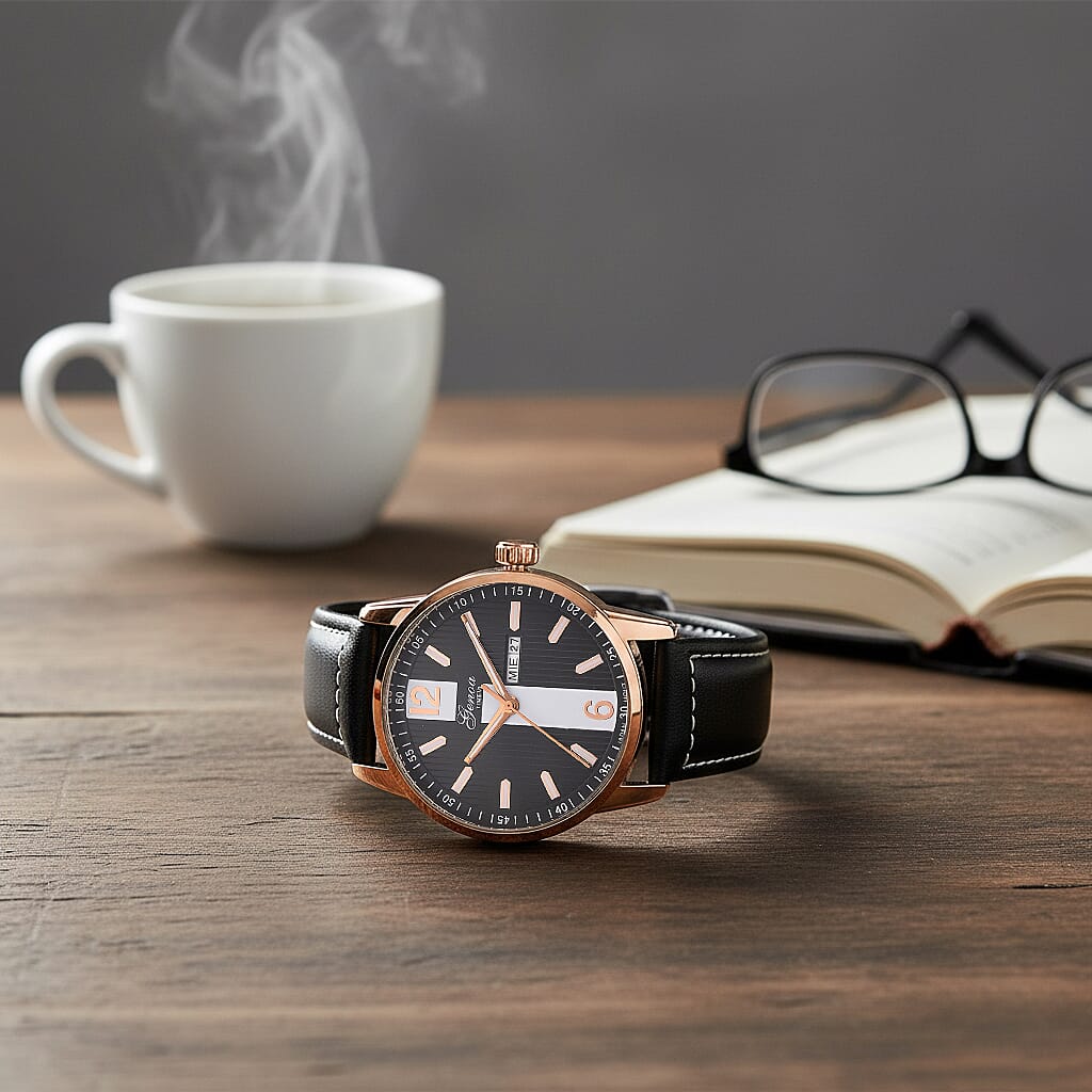 GENOA TIME V2 Double Date Quartz PC33 3ATM WR Black Hydraulic Dial & Rose Gold Case Mens Watch with Black Leather Strap