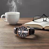 DOD- GENOA TIME V2 Double Date Quartz PC33 3ATM WR Black Hydraulic Dial & Rose Gold Case Mens Watch with Black Leather Strap