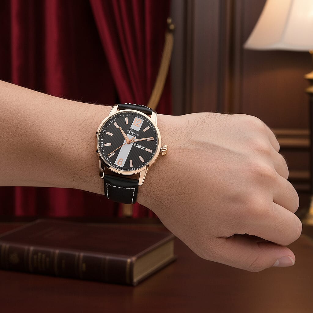 GENOA TIME V2 Double Date Quartz PC33 3ATM WR Black Hydraulic Dial & Rose Gold Case Mens Watch with Black Leather Strap
