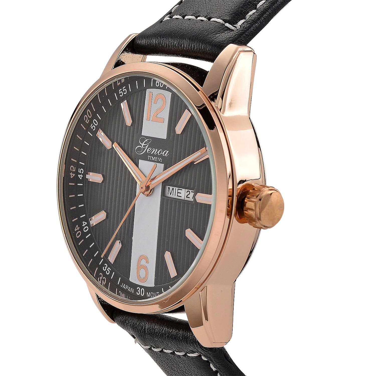 GENOA TIME V2 Double Date Quartz PC33 3ATM WR Black Hydraulic Dial & Rose Gold Case Mens Watch with Black Leather Strap