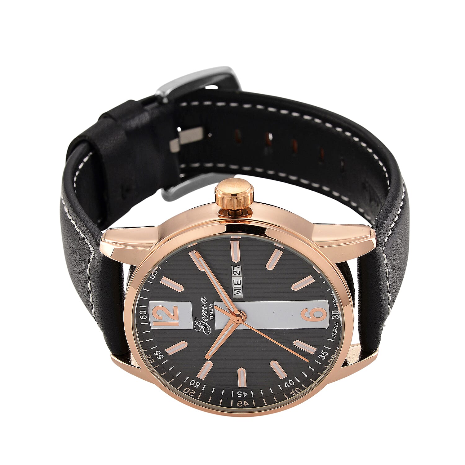 GENOA TIME V2 Double Date Quartz PC33 3ATM WR Black Hydraulic Dial & Rose Gold Case Mens Watch with Black Leather Strap