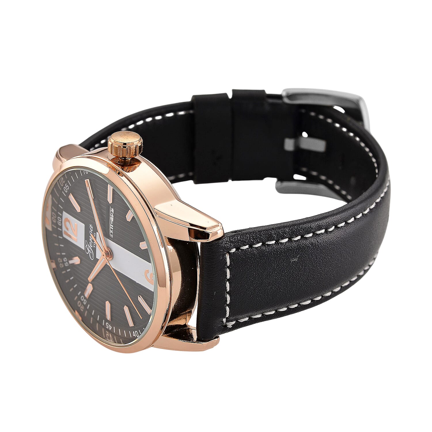 GENOA TIME V2 Double Date Quartz PC33 3ATM WR Black Hydraulic Dial & Rose Gold Case Mens Watch with Black Leather Strap