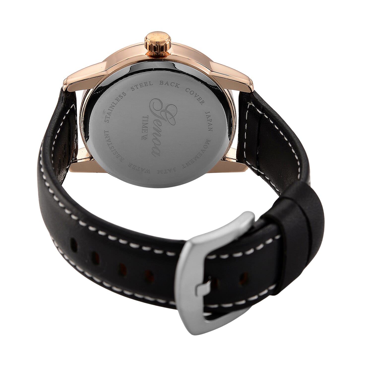 GENOA TIME V2 Double Date Quartz PC33 3ATM WR Black Hydraulic Dial & Rose Gold Case Mens Watch with Black Leather Strap