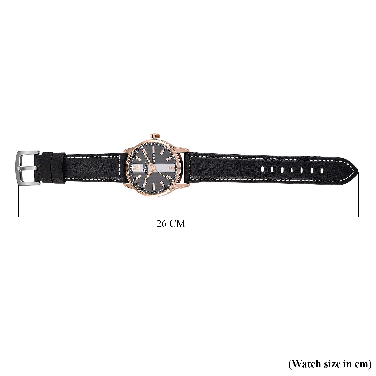 GENOA TIME V2 Double Date Quartz PC33 3ATM WR Black Hydraulic Dial & Rose Gold Case Mens Watch with Black Leather Strap