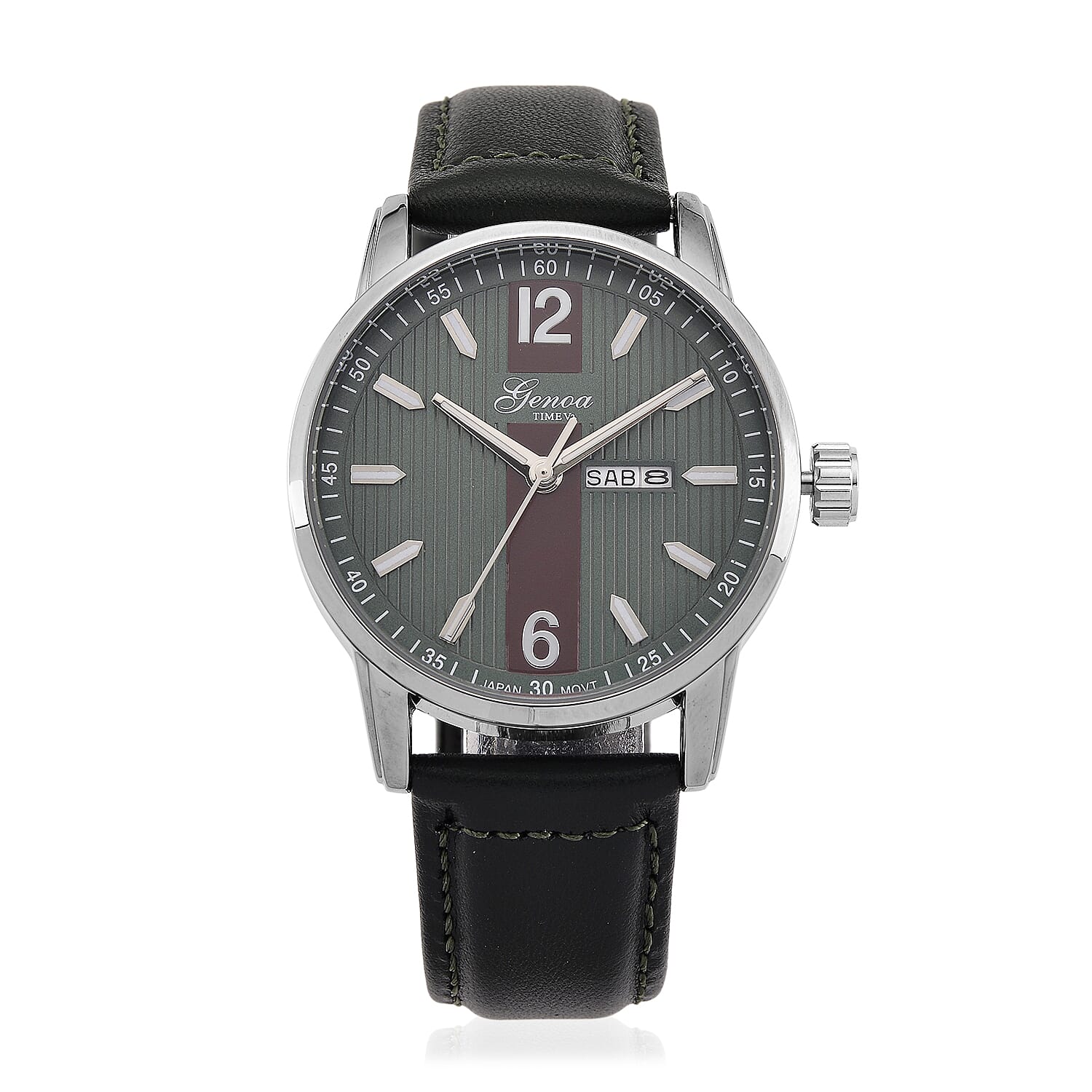 GENOA TIME V2 Double Date Quartz PC33 3ATM WR Green Hydraulic Dial & Silver Case Mens Watch with Green Leather Strap