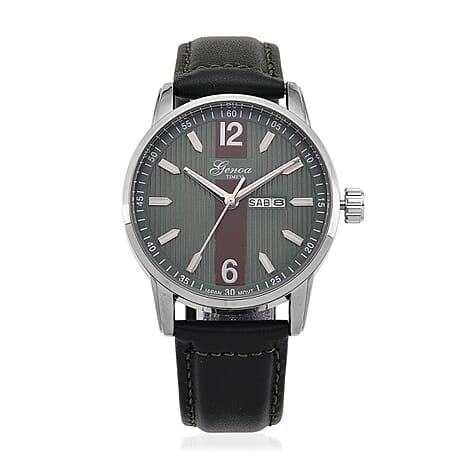 GENOA TIME V2 Double Date Quartz PC33 3ATM WR Green Hydraulic Dial & Silver Case Mens Watch with Green Leather Strap