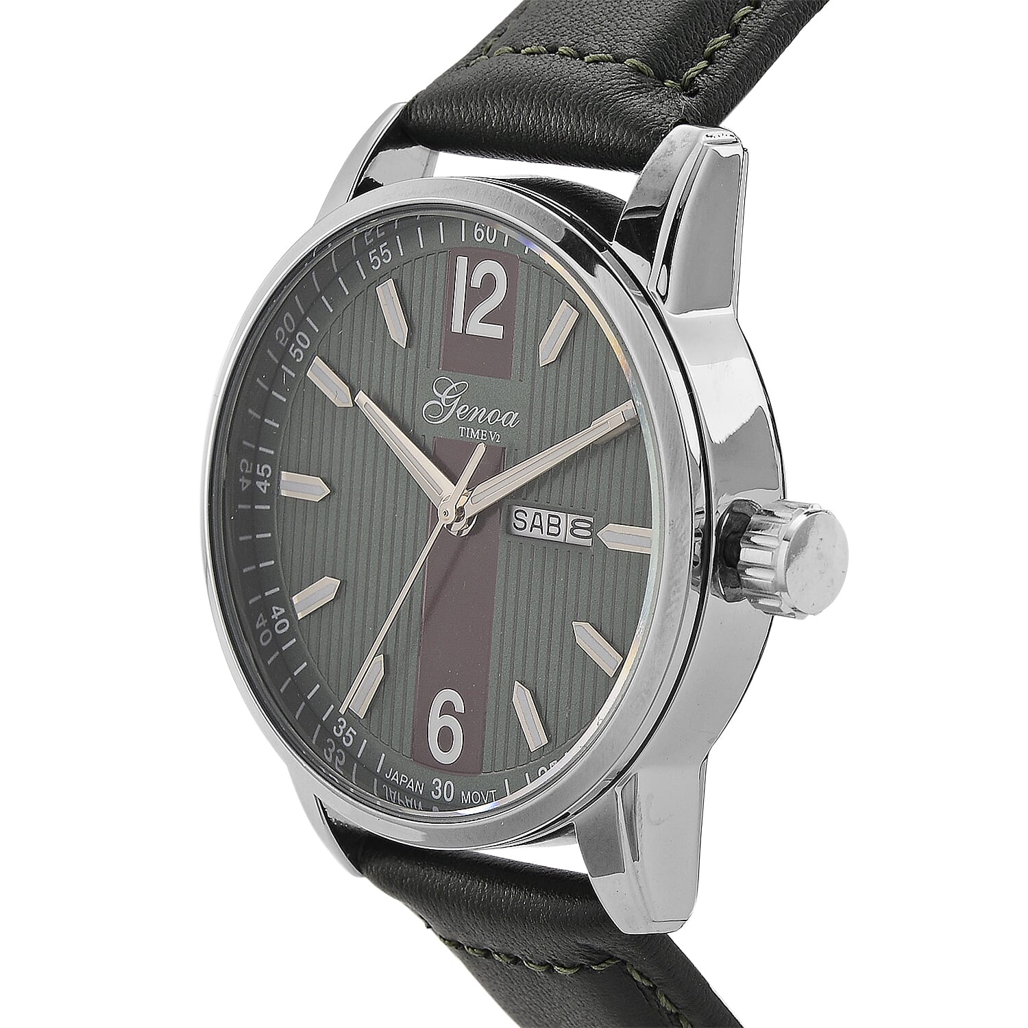 GENOA TIME V2 Double Date Quartz PC33 3ATM WR Green Hydraulic Dial & Silver Case Mens Watch with Green Leather Strap