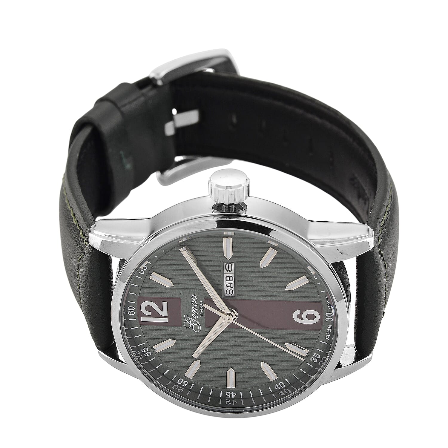 GENOA TIME V2 Double Date Quartz PC33 3ATM WR Green Hydraulic Dial & Silver Case Mens Watch with Green Leather Strap