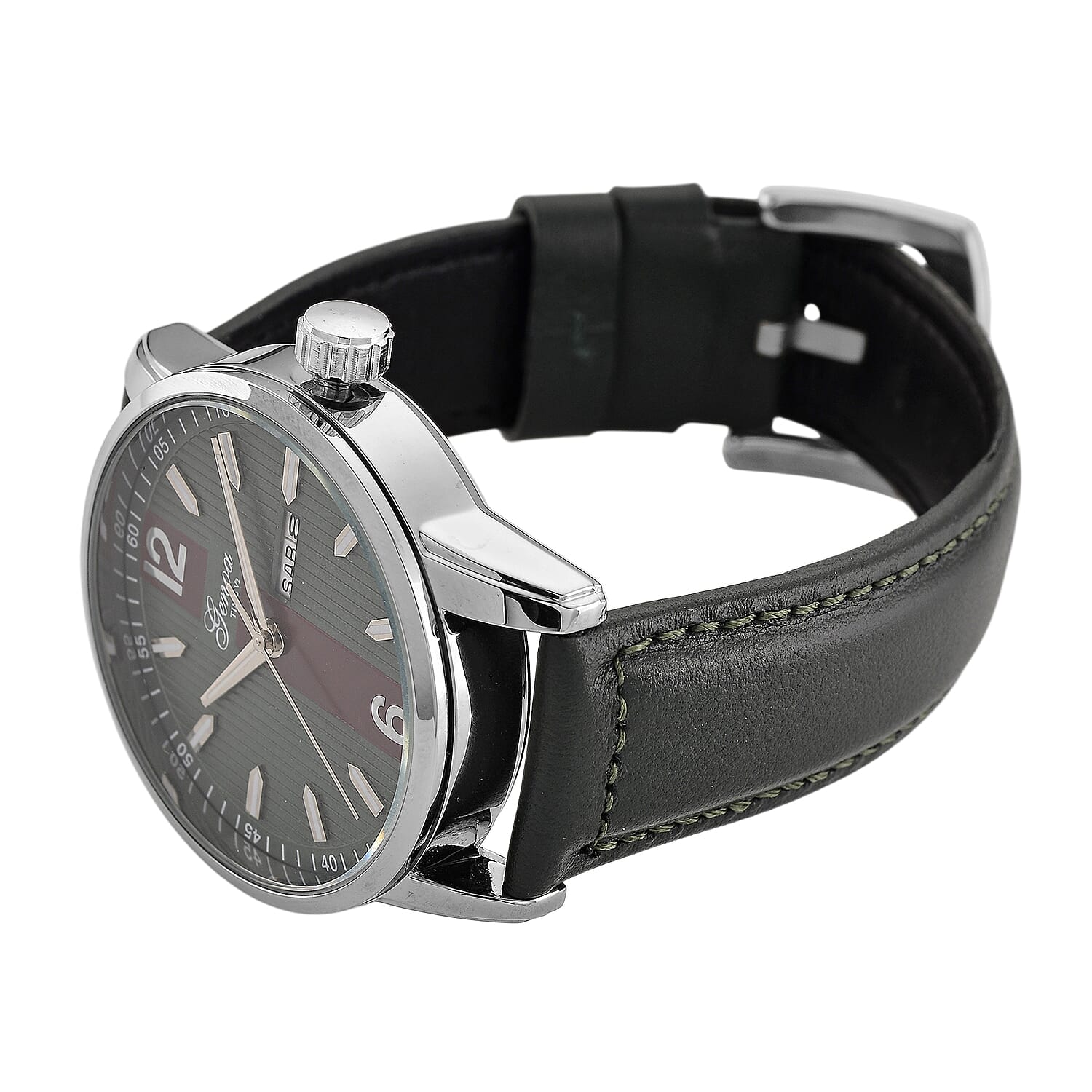 GENOA TIME V2 Double Date Quartz PC33 3ATM WR Green Hydraulic Dial & Silver Case Mens Watch with Green Leather Strap