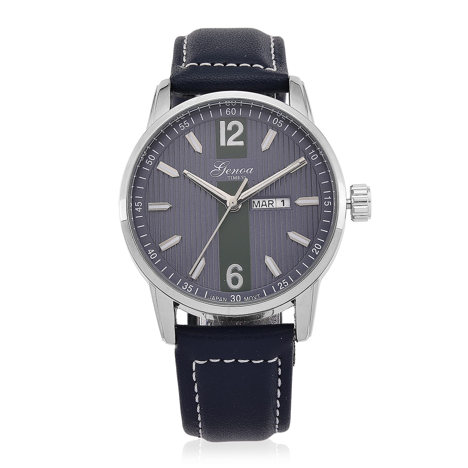 GENOA TIME V2 Double Date Quartz PC33 3ATM WR Blue Hydraulic Dial & Silver Case Mens Watch with Blue Leather Strap