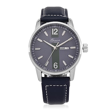 GENOA TIME V2 Double Date Quartz PC33 3ATM WR Blue Hydraulic Dial & Silver Case Mens Watch with Blue Leather Strap