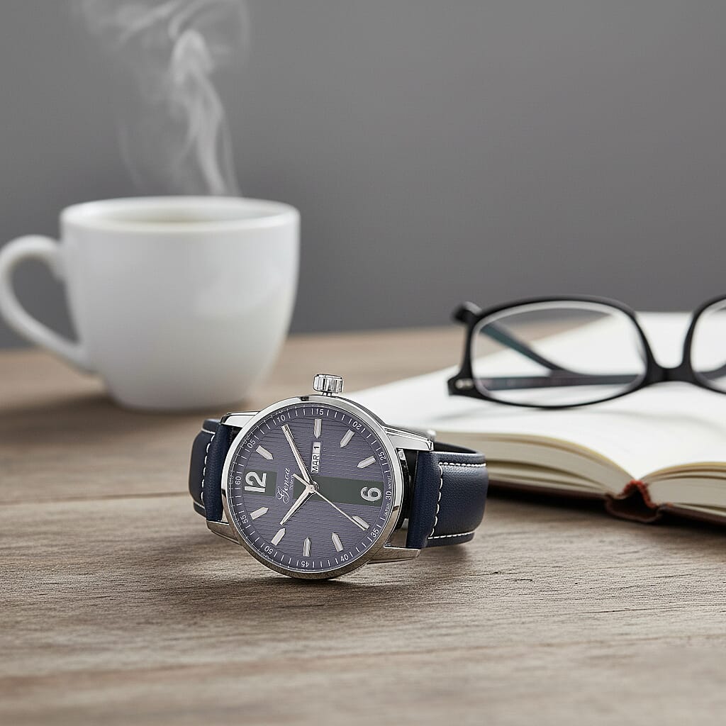 GENOA TIME V2 Double Date Quartz PC33 3ATM WR Blue Hydraulic Dial & Silver Case Mens Watch with Blue Leather Strap