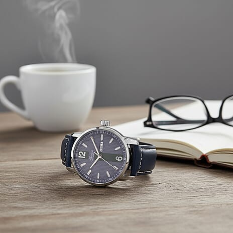 GENOA TIME V2 Double Date Quartz PC33 3ATM WR Blue Hydraulic Dial & Silver Case Mens Watch with Blue Leather Strap