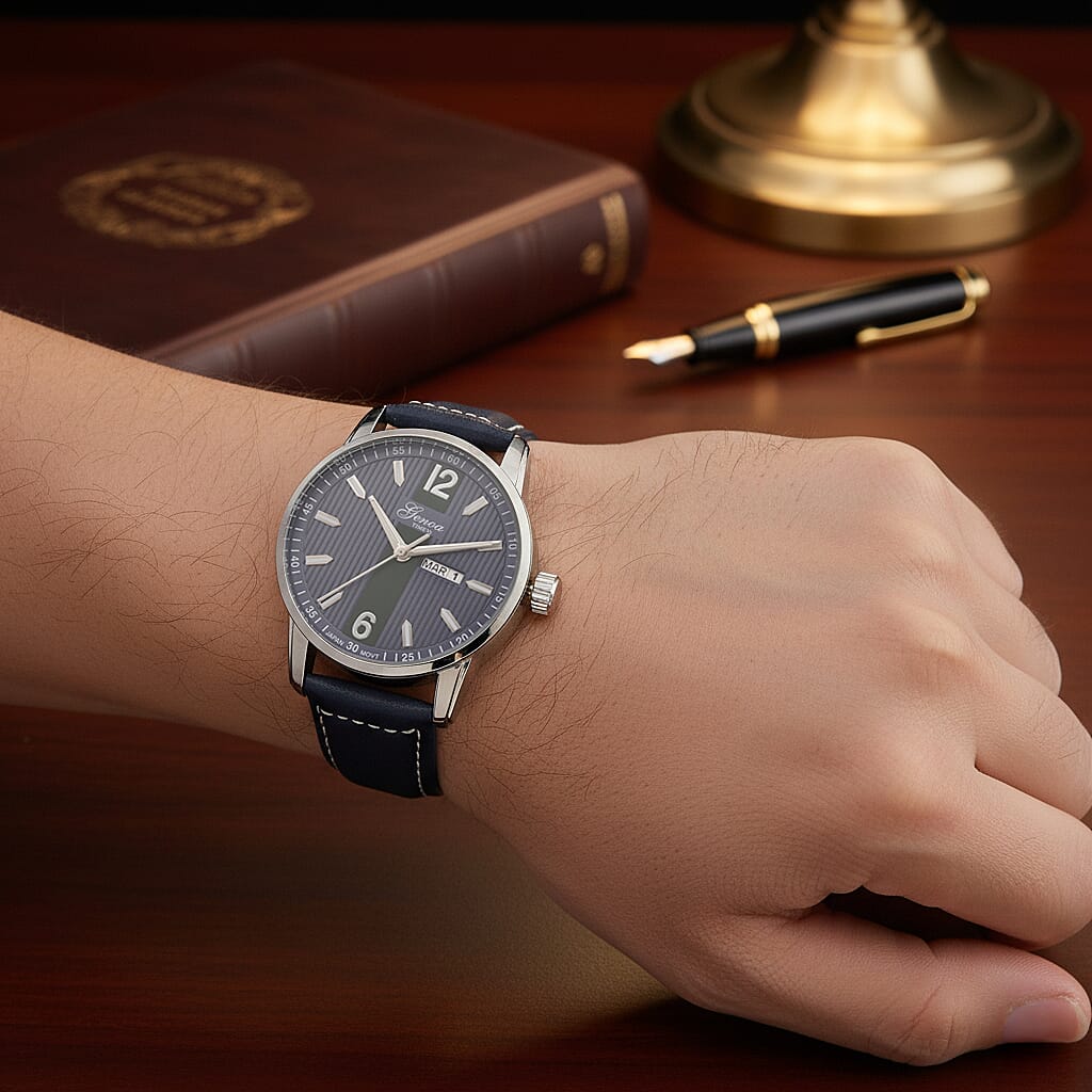 GENOA TIME V2 Double Date Quartz PC33 3ATM WR Blue Hydraulic Dial & Silver Case Mens Watch with Blue Leather Strap