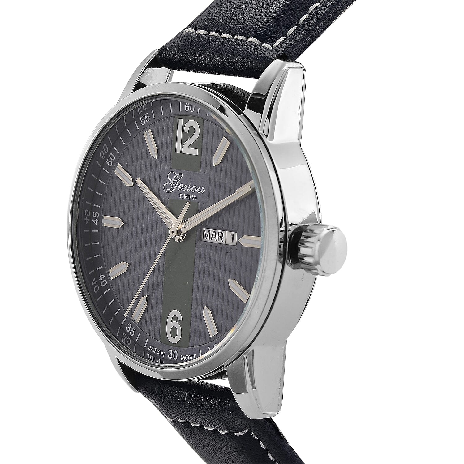 GENOA TIME V2 Double Date Quartz PC33 3ATM WR Blue Hydraulic Dial & Silver Case Mens Watch with Blue Leather Strap