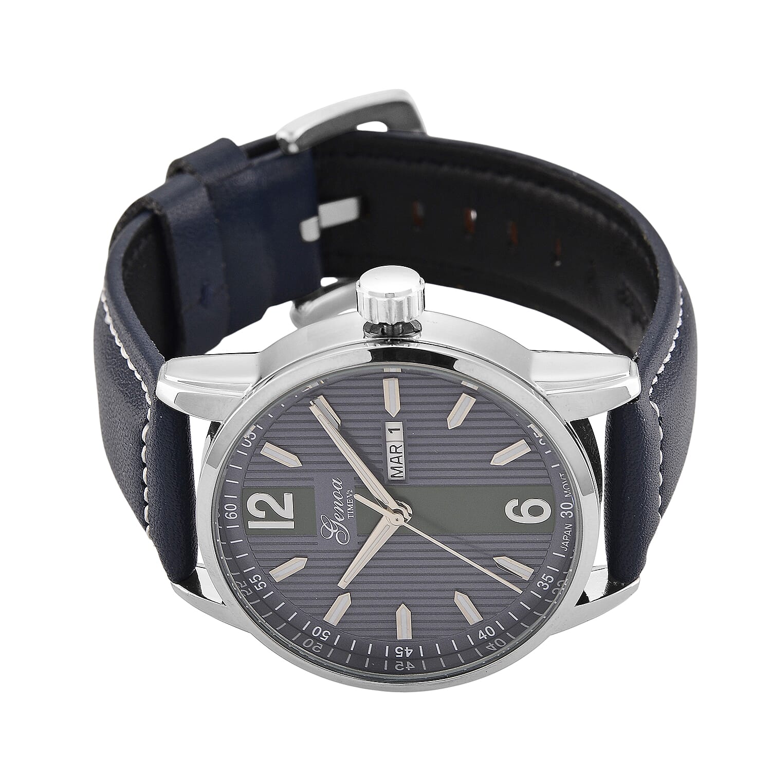 GENOA TIME V2 Double Date Quartz PC33 3ATM WR Blue Hydraulic Dial & Silver Case Mens Watch with Blue Leather Strap