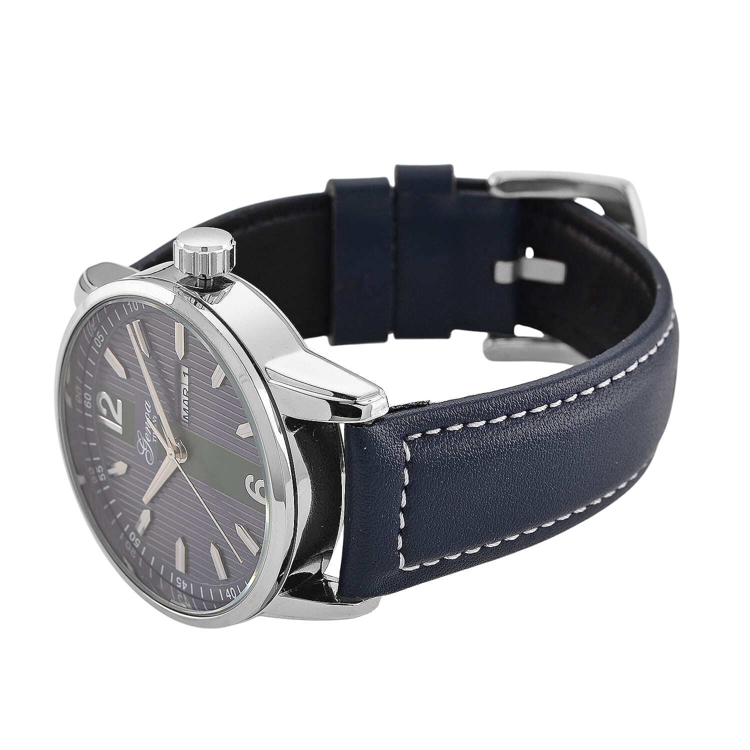 GENOA TIME V2 Double Date Quartz PC33 3ATM WR Blue Hydraulic Dial & Silver Case Mens Watch with Blue Leather Strap
